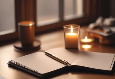 A calm, inviting space with deep midnight blue walls, gold accents, and a comfortable chair ready for a session.