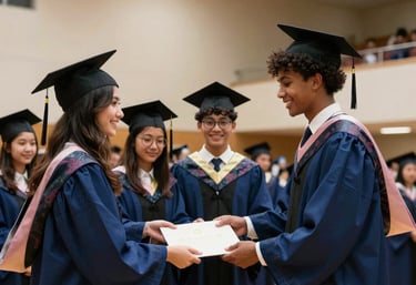 A group of students receiving their diplomas at a graduation ceremony in a grand, modern hall, International / Global, celebratory lighting, Dark Blue and Sand colors.