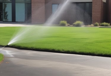 A team repairing irrigation systems on a commercial lawn under bright daylight.