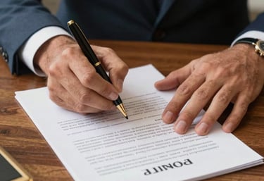 South American / Brazilian professional hands signing a legal contract on a gold-accented wooden desk, representing security and trust.