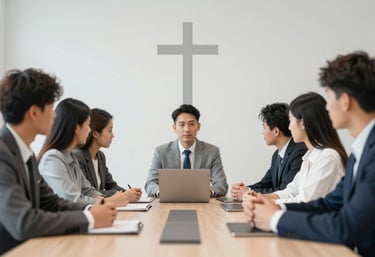 A group of focused young leaders collaborating around a professional meeting table in a light-filled office. A subtle Christian symbol is visible on the wall. The style is clean and sophisticated, with a palette of #1A1A1A and #F8F4F0, representing moral leadership and education.