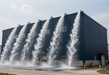 A wide view of a large industrial warehouse facility protected by an automated fire suppression network, in dark navy and ice white.
