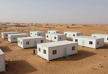 A wide shot of a modern labor accommodation camp in a remote desert area, showing clean, modular units designed for extreme climates, featuring efficient architecture and professional management.