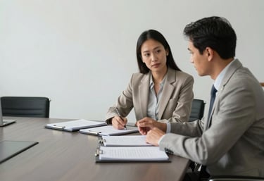 A minimalist meeting room in a Brazilian corporate setting, featuring two professionals in neutral-toned business attire discussing over organized paper folders on a slate grey table.