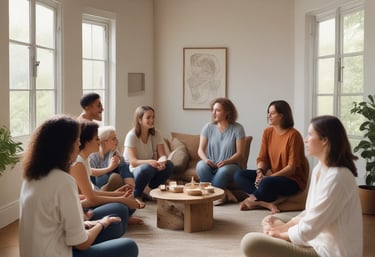 Close-up of hands gently holding crystals and healing tools on a warm white background.