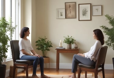 A serene therapy room with soft violet and turquoise accents, inviting calm and healing.