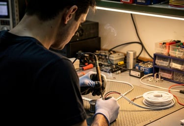 Preparación técnica: proceso de soldadura y conexionado de tiras LED en taller.