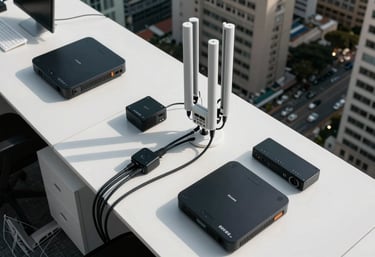 A bird's eye view of a modern office workstation in a South American / Venezuelan city, clean lines, minimalist design, featuring high-end telecommunications devices.