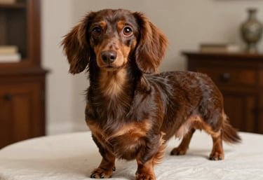 A professional portrait of a Long-Haired Miniature Dachshund with a lustrous coat, posed elegantly on an off-white linen surface in a sophisticated North American interior.