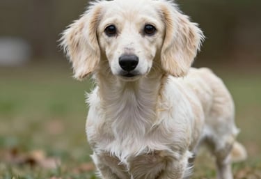 A playful long-haired miniature dachshund enjoying a sunny outdoor walk.