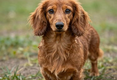 A close-up of a long-haired miniature dachshund with flowing silky fur and expressive eyes.