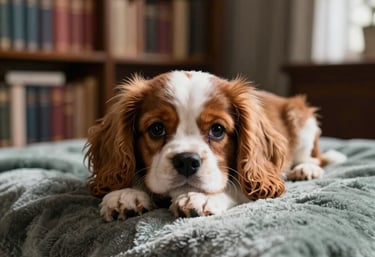 An elegant Cavalier King Charles Spaniel puppy resting on a plush grey-green blanket in a sunlit, high-end North American home library.