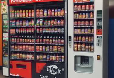 A friendly vending machine in a cozy office corner with a steaming cup of coffee nearby.