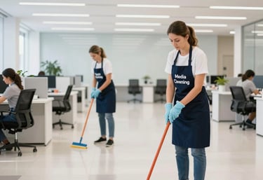 A friendly cleaning professional in uniform smiling while holding cleaning supplies in a bright, tidy living room.