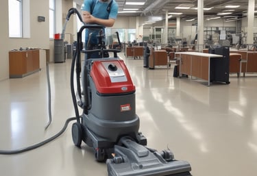A professional cleaner carefully wiping a modern office desk with a microfiber cloth.