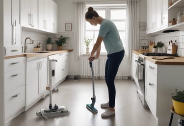 A tidy, sunlit office space with sparkling floors and organized desks.