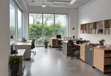 A professional cleaner carefully wiping a modern office desk with a microfiber cloth.