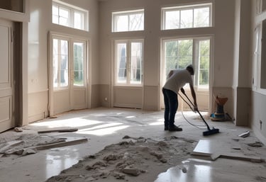 Professional cleaner tidying a modern office space with natural light.