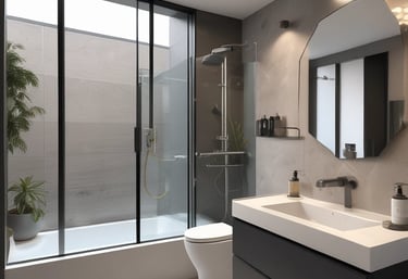 A clean and organized office space with sunlight streaming through large windows