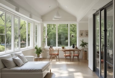 A clean and organized office space with sunlight streaming through large windows