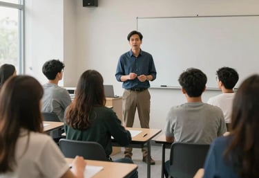 A bright, modern classroom in the US where a mentor is leading a mental health awareness workshop for attentive young adults.