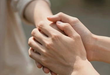 Close-up of two people holding hands in a supportive gesture, soft focus, warm North American afternoon light, compassionate atmosphere.