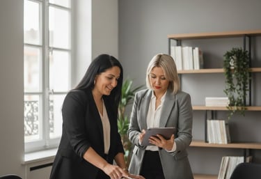 Collaboration entre deux professionnelles dans un bureau moderne