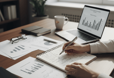 Analyse de données et préparation de documents professionnels sur un bureau de travail