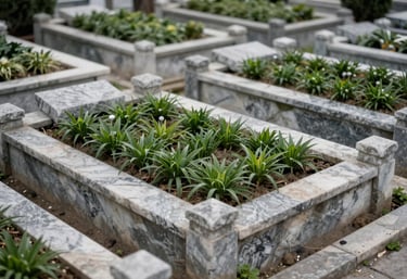 A high-angle photo of a beautifully manicured grave with a small stone fence and freshly watered green plants, natural stone tones, professional landscape photography in Istanbul.