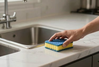 An impeccably clean and organized luxury North American kitchen, polished surfaces reflecting soft light, signifying meticulous home cleaning services.