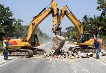 A busy construction site with yellow heavy machinery and industrial compressors in use.