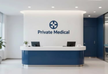 An interior of a premium private medical clinic, featuring clean white lines and professional navy blue accents. Minimalist and high-end, representing top-tier healthcare access.
