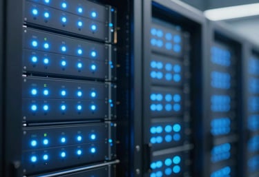 A blurred, high-tech background of a data center with blue status LEDs in #5BC0EB, conveying speed, connectivity, and digital efficiency.