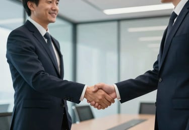Two professional partners shaking hands in a bright, glass-walled conference room, symbolizing trust and long-term collaboration.