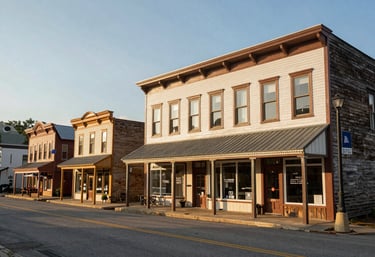 A wide-angle photography shot of a charming small-town main street in the West Virginia panhandle, with historic storefronts and a professional, approachable vibe under a soft late afternoon sun.