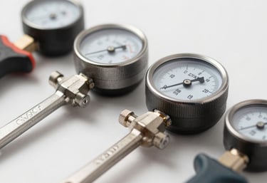 A close-up shot of a set of high-quality metallic tools and a pressure gauge, arranged neatly, symbolizing professional climate maintenance, shades of #4A6D7C.