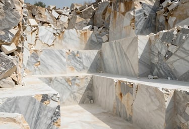 Close-up of polished marble slabs stacked at an international quarry.