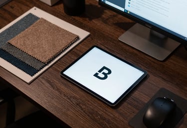 A stylized top-down view of a designer's desk in India, with high-end fabric swatches, a tablet showing a logo design, and a digital assistant interface on a secondary monitor.