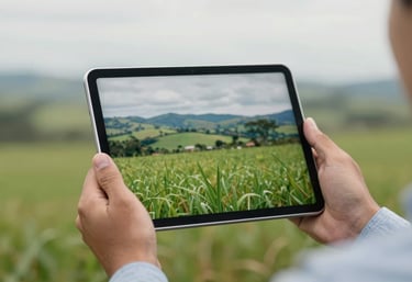 A digital tablet showing a green field landscape in the background, held by a person in a South American / Brazilian rural-corporate setting, soft steel blue and off-white light.