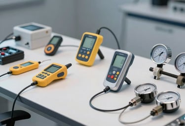 A clean, modern workspace with a technician's toolkit neatly organized, featuring digital thermometers and pressure gauges. Soft blue and white studio lighting.