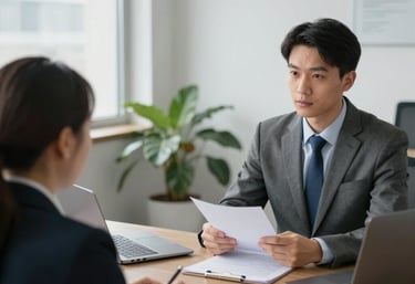 A consultant discussing security plans with a client in a modern office.