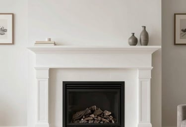 A bright, clean image of a modern living room featuring a minimalist fireplace with white stone surround. The lighting is soft and professional, showing a well-maintained North American interior.