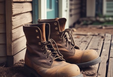 Close-up of sturdy work boots standing on freshly tilled soil beside gardening tools.