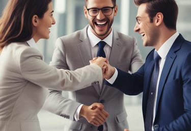 A friendly business team discussing consórcio plans in a modern office setting.