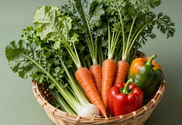 An artistic arrangement of North American US seasonal vegetables including leafy greens, carrots with tops, and vibrant peppers in a woven basket on a sage green surface.