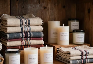 Handcrafted North American US specialty goods such as soy candles and hand-woven textiles displayed on a rustic wood shelf. The mood is modern yet charmingly rustic.