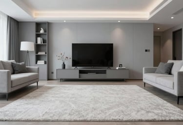 A wide shot of a perfectly staged, spotless modern living room. The lighting is crisp, highlighting the textures of a clean carpet. Palette: #F0F4F7 and #4A6B7E.