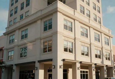 A wide shot of a multi-story commercial building in Daytona Beach, Florida, showing well-maintained exterior concrete architectural details.