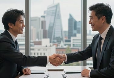 A professional meeting room in a London skyscraper overlooking the city, two business professionals shaking hands over a mahogany desk, soft afternoon lighting, atmosphere of success and agreement.