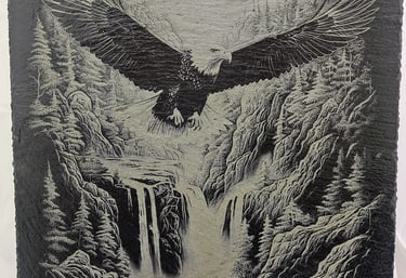 Laser engraved eagle slate plaque with mountain waterfall and pine trees, handcrafted wall art made
